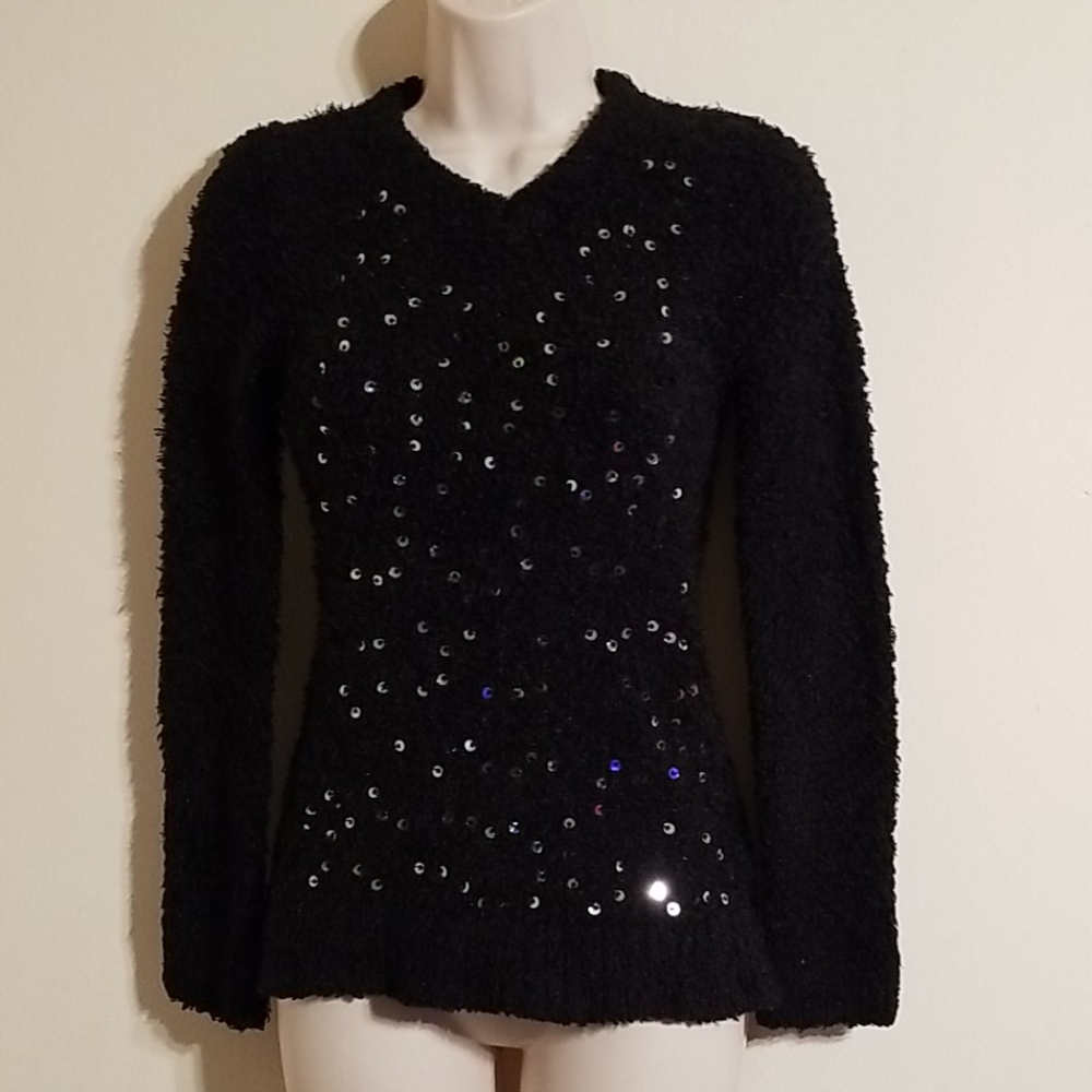 Piper Black Large Sequined Front Fuzzy Sweater - image 6